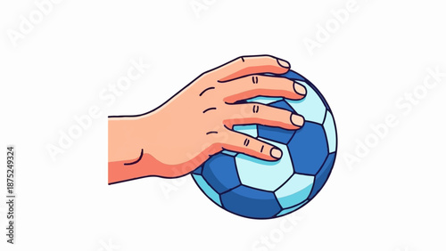 A hand grips a blue and light blue paneled ball, ready for play or sport