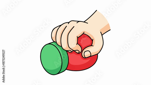 A hand grips a red, round object with a green cap