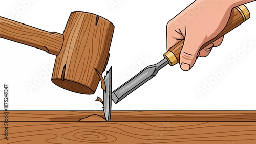 A hand holds a chisel striking wood, with a mallet also in motion