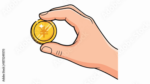 A hand holds a golden coin with a yen symbol