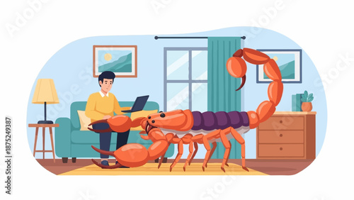 A person works on a laptop with a giant scorpion in their living room