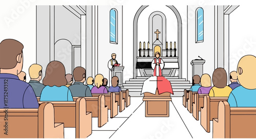 A religious ceremony unfolds within a grand church, with attendees seated in pews and clergy at the altar