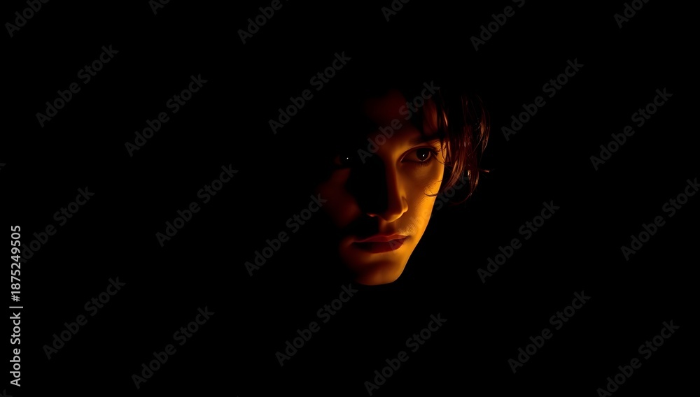 Fototapeta premium Dramatic Low Key Portrait of Man Face in Shadow. Cinematic Rim Light Silhouette