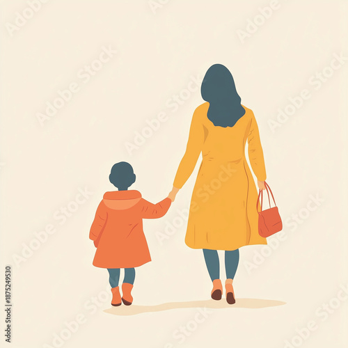 Mother holding hands with her child walking together, back view vector illustration