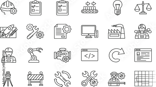 Set of twenty four outline engineering icons featuring construction robotics manufacturing and maintenance symbols for industrial and technical design projects.