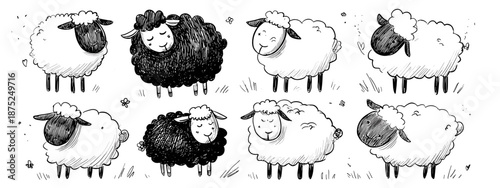 Diverse Group of Sheep in Black and White Displaying Unique Characteristics and Patterns