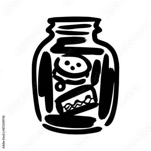 Kombucha jar with scoby vector icon illustration, hand drawn doodle ink style fermented tea probiotic drink logo, organic healthy beverage graphic element