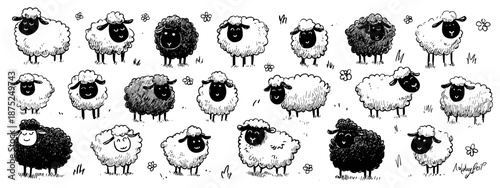 Diverse Group of Sheep in Black and White Displaying Unique Characteristics and Patterns