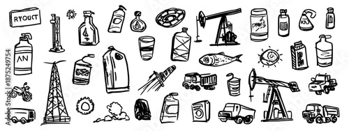 set of hand drawn doodle oil and gasoline  , extract oil 