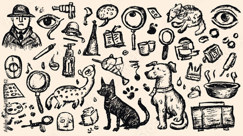 Vintage Black and White Illustrations of Animal and Detective Elements with Whimsical Doodles