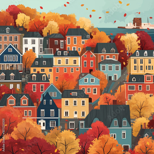 Colorful houses on hillside with autumn trees and harbor, charming coastal town illustration in fall
