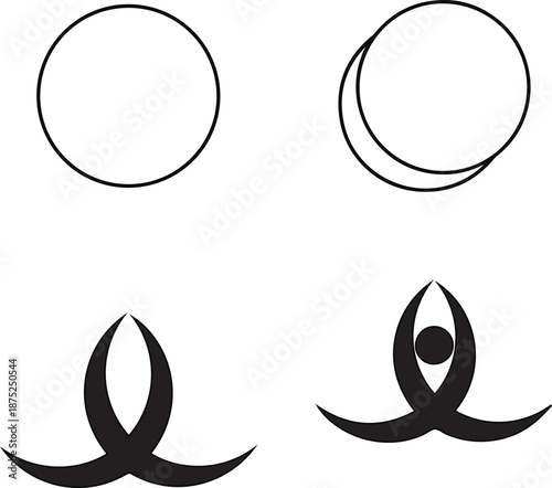 Vector illustration set of abstract nature elements featuring a blue flower design with water drops and a leaf silhouette in a circular business logo icon style