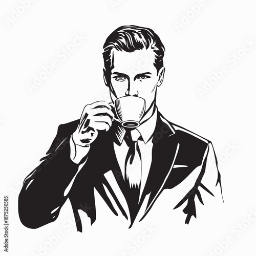Businessman With Drinking Coffee Illustration Black and White Vector