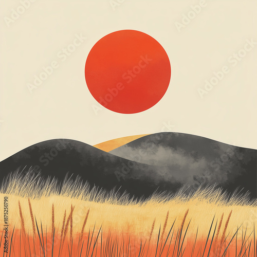 Minimalist landscape with red sun over black hills and golden grass, abstract boho nature illustration