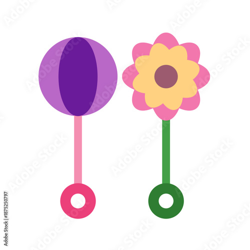 Flat lay of colorful baby rattles on white background