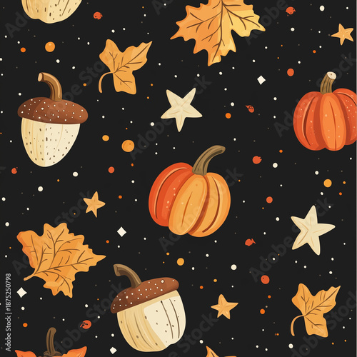 Seamless autumn pattern with pumpkins acorns and leaves on black background, fall seasonal print design