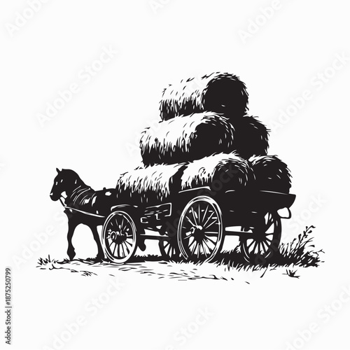 Horse with a Cart Loaded Hay Bales Silhouette Vector on White Background