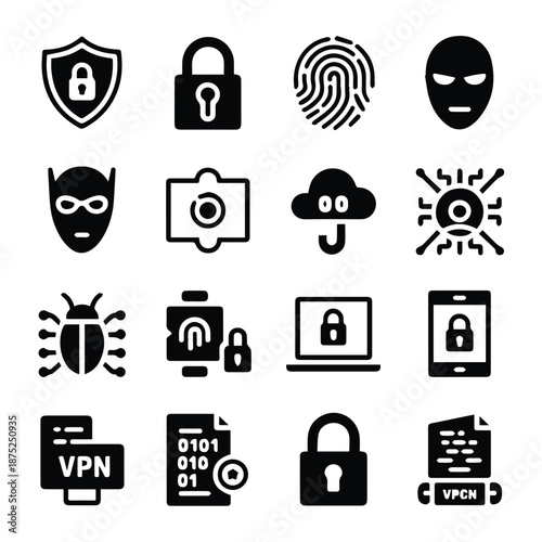 A set of black and white vector icons representing cybersecurity and online protection