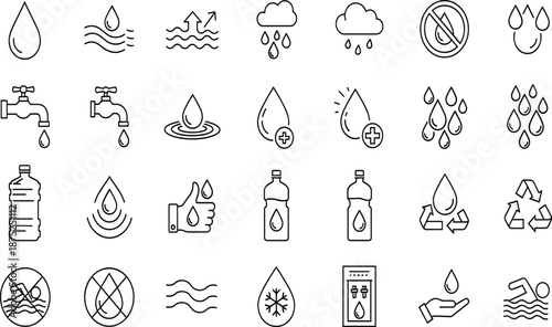 Vector collection of linear icons featuring water drops, faucets, clouds, recycling symbols, and bottles for environmental and ecological design projects.