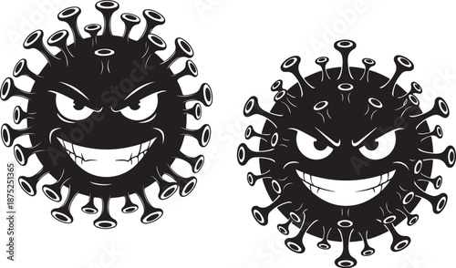 Two cartoon virus particles with angry and smiling faces