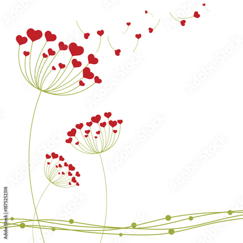 Dandelion with hearts. Happy Valentine's day greeting card. Lovely romance flower. Congratulation with Love. Valentine's day Vector illustration background.