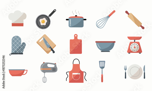 Home Cooking Icons Set Flat Kitchen Illustration