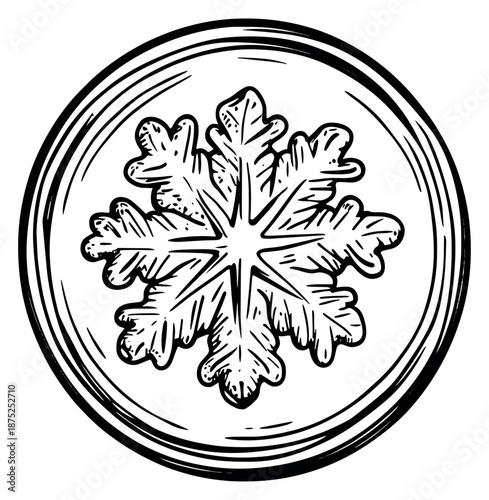 Hand drawn line art illustration of a snowflake in a circle depicting cold winter weather for seasonal designs