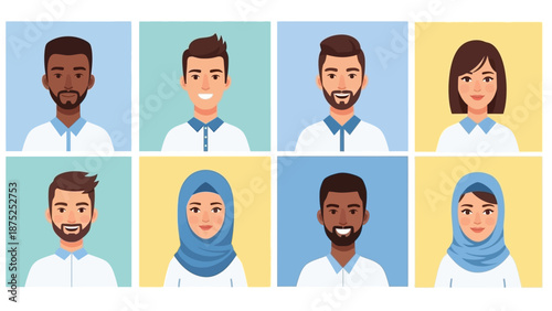 Flat illustration of diverse people in a grid with colorful backgrounds