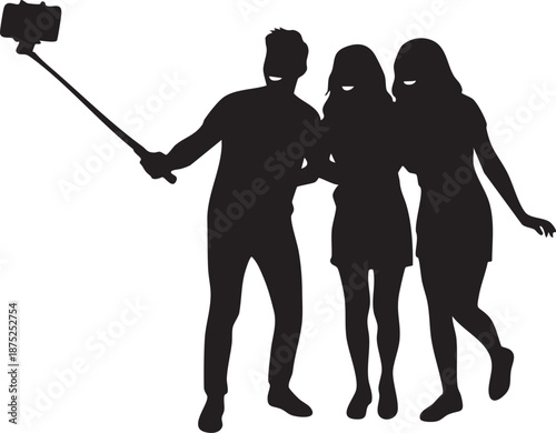 Group of friends posing for photo with selfie stick silhouette isolated on white background minimalist social media illustration