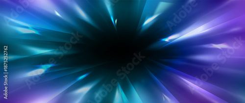 Speed light rays burst from dark center with radial motion blur effect. Dynamic zoom perspective with neon blue and purple beams radiating outward. Explosive starburst energy trails on black bg.