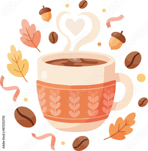Cozy knitted sweater coffee mug with heart steam, surrounded by autumn leaves, coffee beans, acorns, and ribbons, cute flat vector illustration