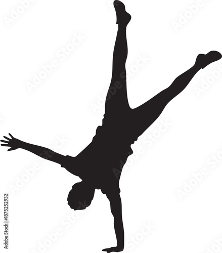 Person performing cartwheel mid-air silhouette isolated on white background minimalist gymnastics and joy illustration