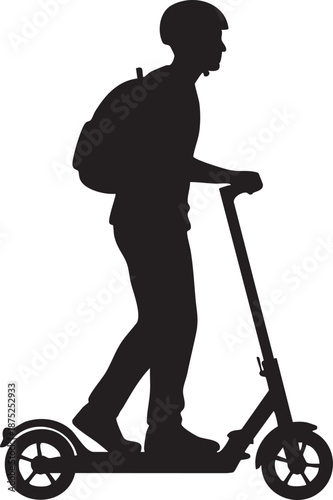 Person riding electric scooter with helmet and backpack silhouette isolated on white background minimalist urban transport illustration