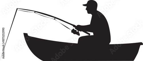 Person sitting in rowboat fishing with rod silhouette isolated on white background minimalist outdoor hobby illustration