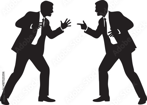 Two businesspeople in suits arguing aggressively silhouette isolated on white background minimalist office conflict and stress illustration