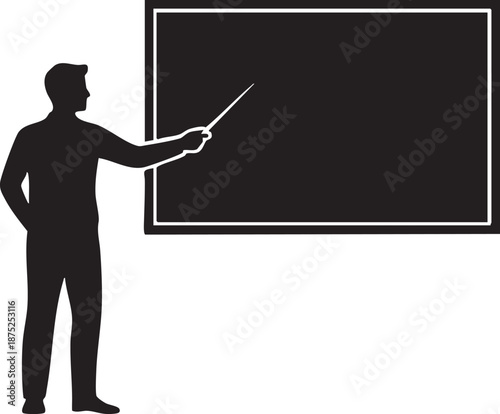 Teacher pointing at blackboard with stick silhouette isolated on white background minimalist education and school illustration