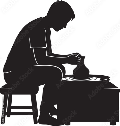 Artisan shaping clay on pottery wheel silhouette isolated on white background minimalist craft and pottery making illustration