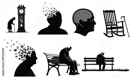 Conceptual Silhouette Set Illustrating Alzheimer’s Disease, Dementia, and Senior Memory Loss through Symbolic Imagery of Aging and Cognitive Decline.
