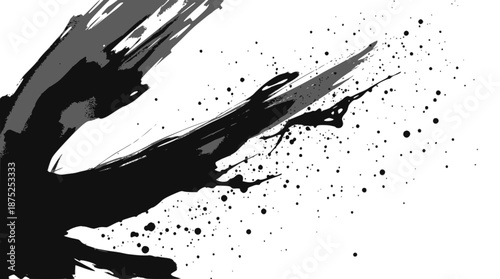 Dynamic black ink splatters and expressive brush strokes on a stark white background, creating an abstract and artistic composition.