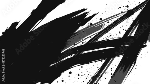 Dynamic black ink brush strokes and splatters on a stark white background, creating an abstract and expressive composition.