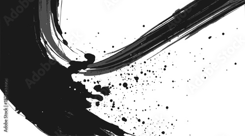 Dynamic black ink brush stroke with splatters on a white background, creating an abstract and artistic composition.
