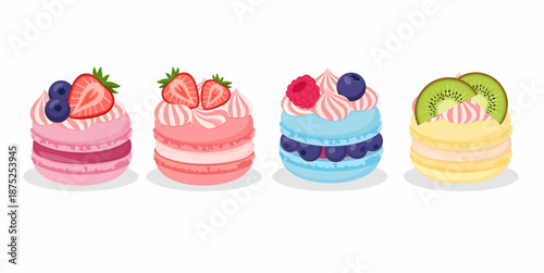 Set of colorful fruit macarons with cream and fresh berries illustration. - Sweet french macarons collection with strawberry, blueberry, raspberry, and kiwi toppings.