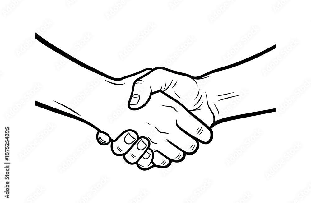 Fototapeta premium Line art drawing of two hands shaking, symbolizing agreement, partnership, and collaboration, isolated on a transparent background
