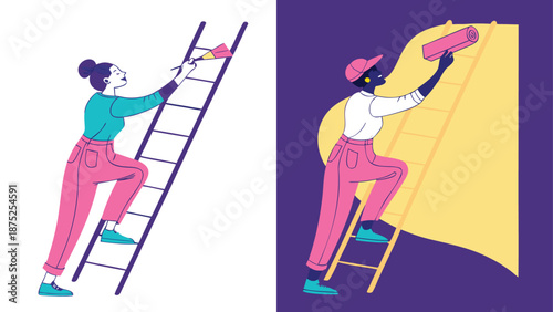 Vector Illustration of Women Climbing Ladders for Creative Wall Painting and Home Renovation