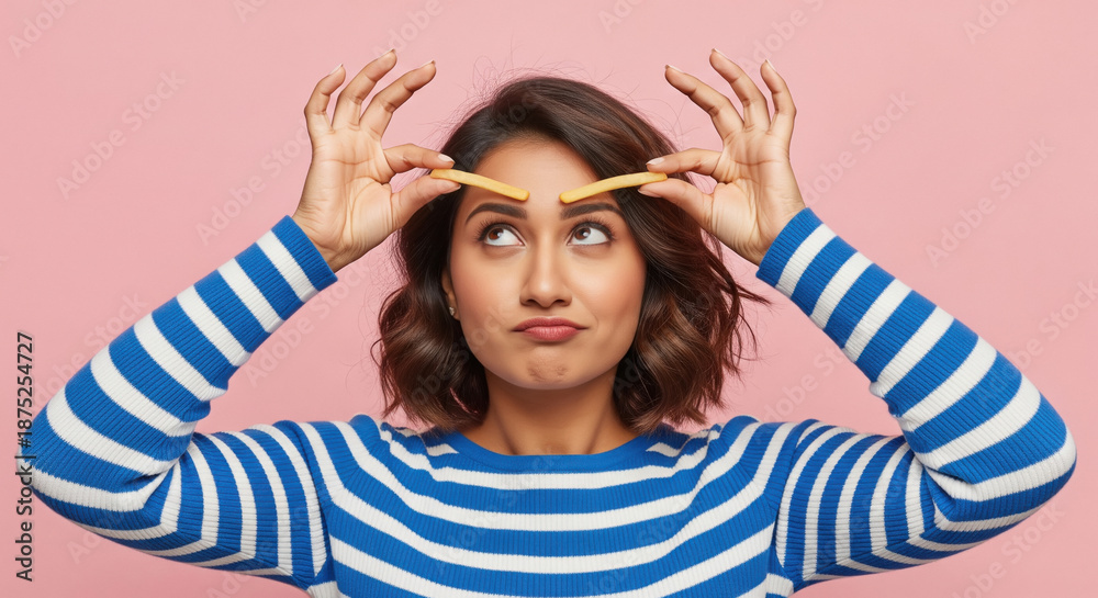 Fototapeta premium Playful Woman Uses French Fries as Eyebrows on Pink Background