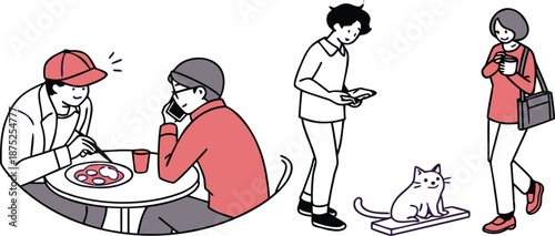 Vector Illustration Set of Diverse People Engaged in Daily Social Activities Dining and Walking with Pets