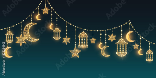 Eid Ramadan lights garland on dark blue background. Vector realistic illustration of golden crescent, star, lantern pendants glowing in night darkness, golden lamp ornament, islamic religious poster