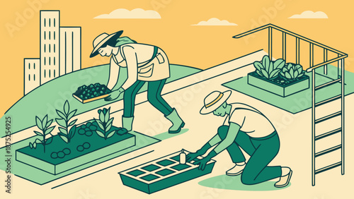 Urban Gardeners Tending to Rooftop Vegetable Beds, Sustainable Farming and Community Agriculture Concept Illustration