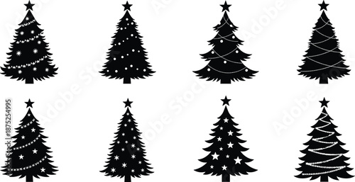 Christmas tree silhouette set, black holiday pine icons, festive decoration collection, winter design elements for greeting cards, vector illustration bundle