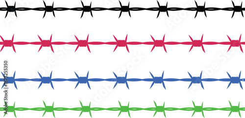 Colorful barbed wire vector set with black red blue green security fence lines, sharp thorn borders, danger warning protection elements